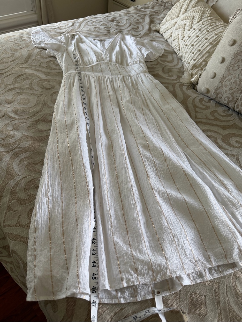 LOFT White Gold Metallic Stripe Flutter Sleeve Maxi Dress S - Picture 6 of 12